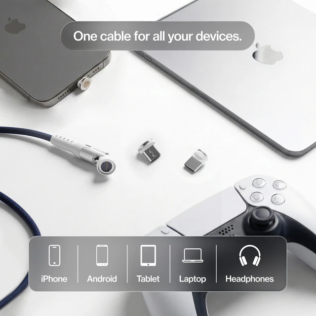 Alt view image 7 of 7 - Statik 360 Pro Universal Magnetic Charging Cable - 100W Fast Charging USB C Charging Cable, Magnetic Charger Cable Compatible with Apple Devices, USB-C, Micro-USB, USB-A Adapter - Navy 6FT/2M