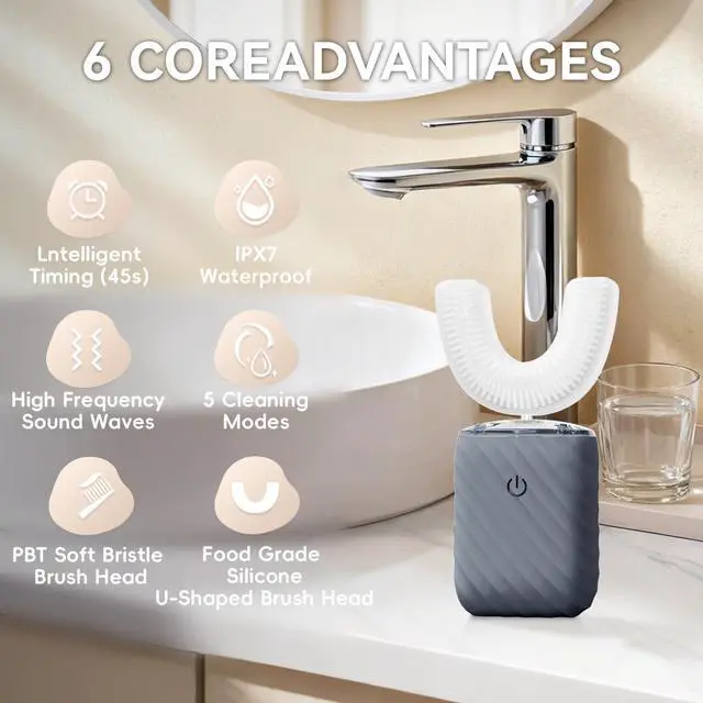 Alt view image 2 of 7 - Ultrasonic Automatic Electric Toothbrush for Adults- U Shaped self Brushing Toothbrush, 360° Mouth Cleaning, 5 Modes for Whitening, IPX7 Waterproof Rechargeable (Deep Blue)
