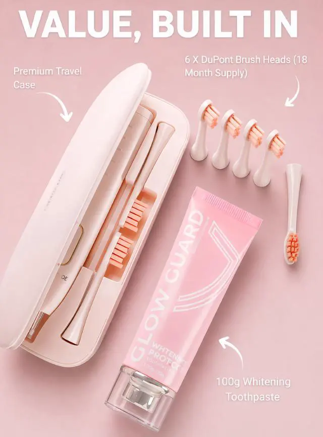 Alt view image 2 of 7 - Sonic Lux Pink Electric Toothbrush for Adults Luxury Rechargeable Sonic Electric Toothbrush with Travel Case with GlowGuard Nano-Hydroxyapatite Whitening Toothpaste & 6 Brush Heads