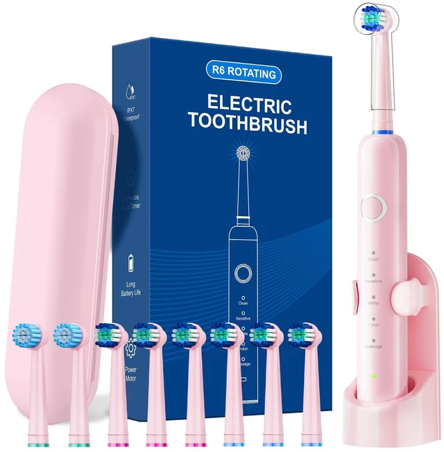 Main image of Electric Toothbrush for Adults, 8 Brush Heads (2 Types) & Travel Case, 5 Cleaning Modes Rechargeable Power Toothbrush with 2-Minute Smart Timer, Pink