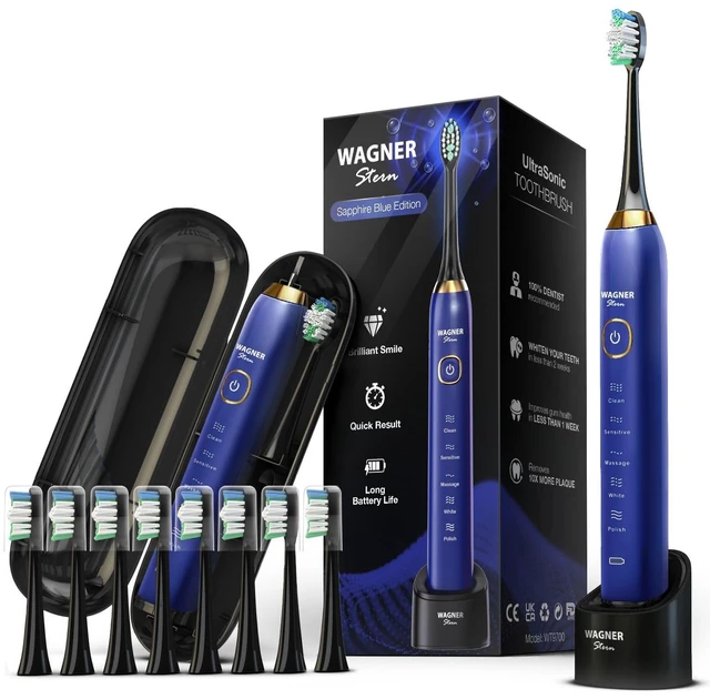 Main image of Wagner Stern The Sapphire Blue Edition ultrasonic whitening Electric Toothbrush Features Five Brushing Modes, Eight Soft Brush Heads, and a Premium Travel case.