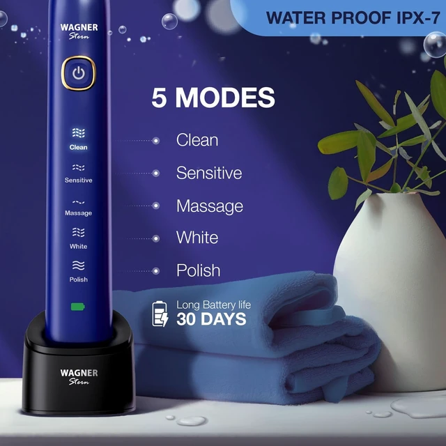 Alt view image 2 of 6 - Wagner Stern The Sapphire Blue Edition ultrasonic whitening Electric Toothbrush Features Five Brushing Modes, Eight Soft Brush Heads, and a Premium Travel case.