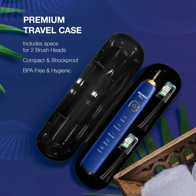 Alt view image 5 of 6 - Wagner Stern The Sapphire Blue Edition ultrasonic whitening Electric Toothbrush Features Five Brushing Modes, Eight Soft Brush Heads, and a Premium Travel case.