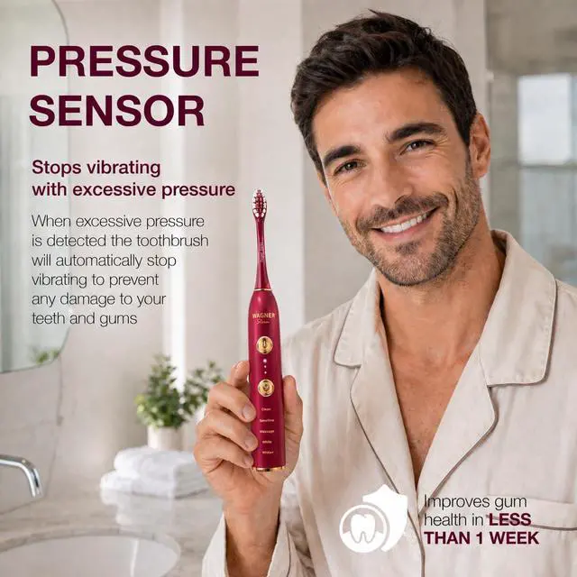 Alt view image 3 of 6 - WHITEN+ Electric Toothbrush, 48,000 VPM, Pressure Sensor, 5 Modes, 8 Brush Heads, Travel Case