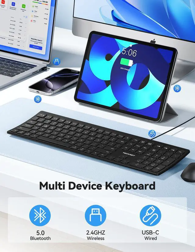Alt view image 2 of 7 - Bluetooth Wireless Rechargeable Keyboard with BT5.0, 2.4G & Wired