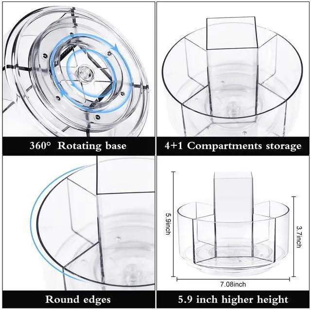 Alt view image 5 of 7 - Acrylic Pen Holder, 360-Degree Rotating Pen Holder for Desk, Clear Desk Organizers and Accessories with 5 Compartments Pencil Organizer, Art Supply Storage Box Caddy for Office, Home