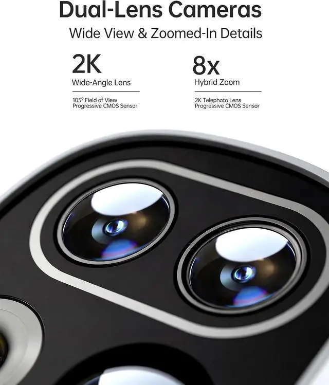 Alt view image 2 of 7 - Solar Security Cameras Wireless Outdoor 4-Pack with NVR, Dual-Lens 2K+2K WiFi Home Security Camera System, 360° Auto Tracking, AI Human & Vehicle Detection, Color Night Vision, No Monthly Fee