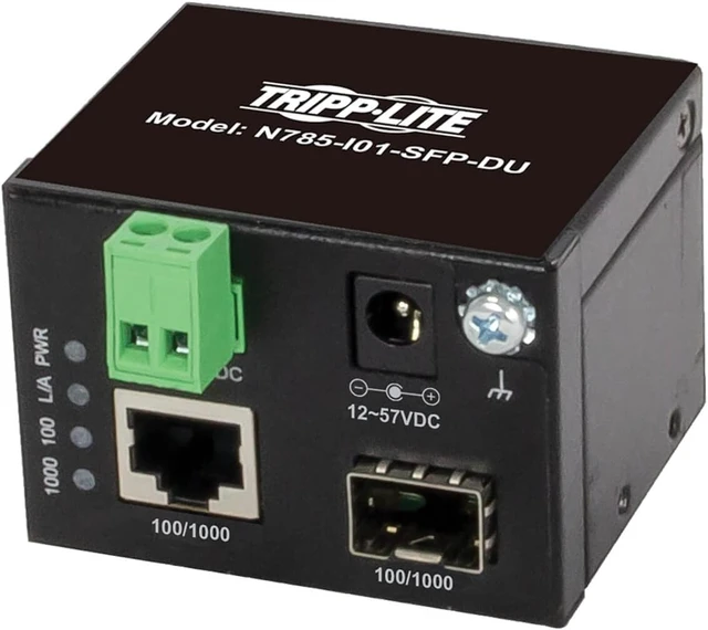 Main image of TRIPP LITE Industrial Heavy-Duty Network Copper Ethernet to Fiber Optic Unmanaged SFP Transceiver Media Converter Extender, SFP to RJ45, 10/100/1000 Mbps, DC Power, 2-Year Warranty (N785-I01-SFP-DU)