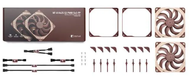 Alt view image 4 of 7 - Noctua NF-A14x25 G2 PWM Sx2-PP, Dual Fan Set for Push-Pull and Side-by-Side Applications (Brown)