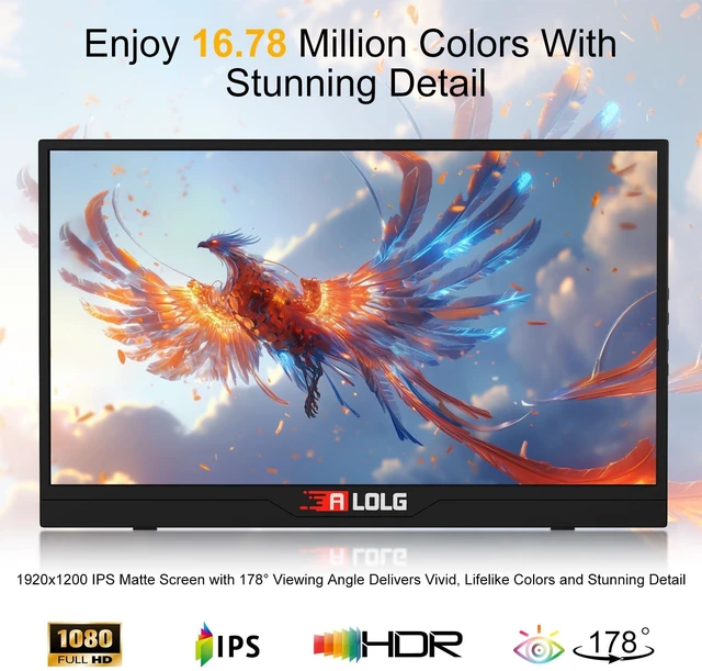 Alt view image 2 of 7 - 144Hz 16" Portable Monitor 1920x1200 FHD IPS with USB-C Mini HDMI Full-function USB-C one-cable video & power HDMI port, for laptops, phones, PS5, Switch, Xbox without extra adapters