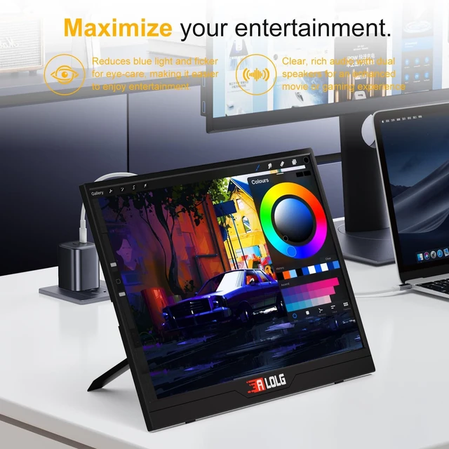 Alt view image 4 of 7 - 144Hz 16" Portable Monitor 1920x1200 FHD IPS with USB-C Mini HDMI Full-function USB-C one-cable video & power HDMI port, for laptops, phones, PS5, Switch, Xbox without extra adapters