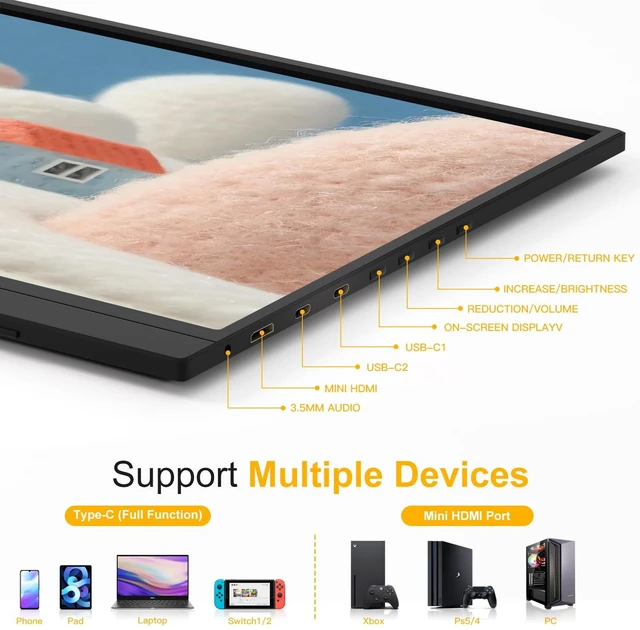 Alt view image 6 of 7 - 144Hz 16" Portable Monitor 1920x1200 FHD IPS with USB-C Mini HDMI Full-function USB-C one-cable video & power HDMI port, for laptops, phones, PS5, Switch, Xbox without extra adapters