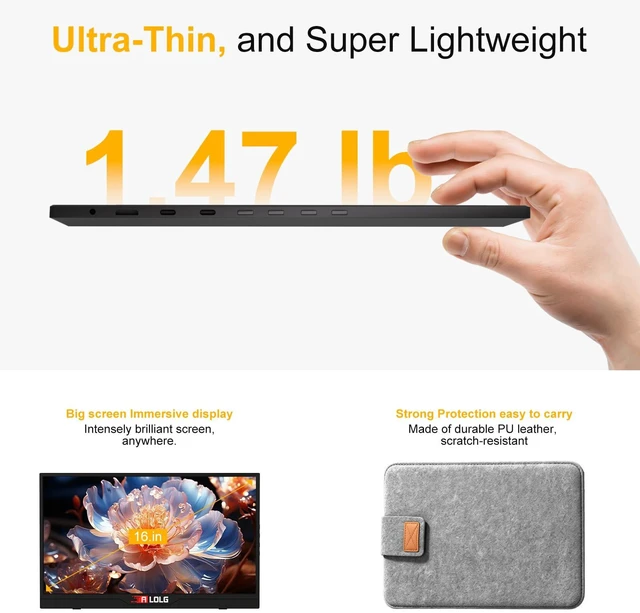 Alt view image 5 of 7 - 144Hz 16" Portable Monitor 1920x1200 FHD IPS with USB-C Mini HDMI Full-function USB-C one-cable video & power HDMI port, for laptops, phones, PS5, Switch, Xbox without extra adapters