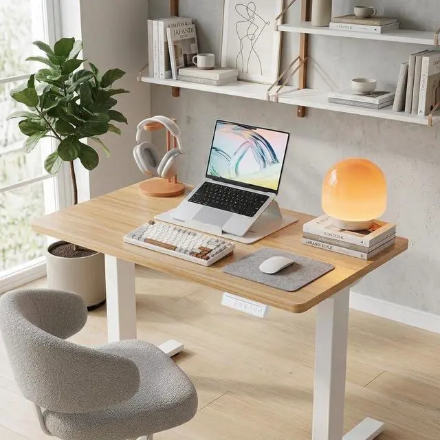 Alt view image 2 of 7 - 32" Small Electric Standing Desk Adjustable Height, 4 Memory Height Settings, Sit Stand Up Desk for Home Office & Computer Workstation, LightWalnut