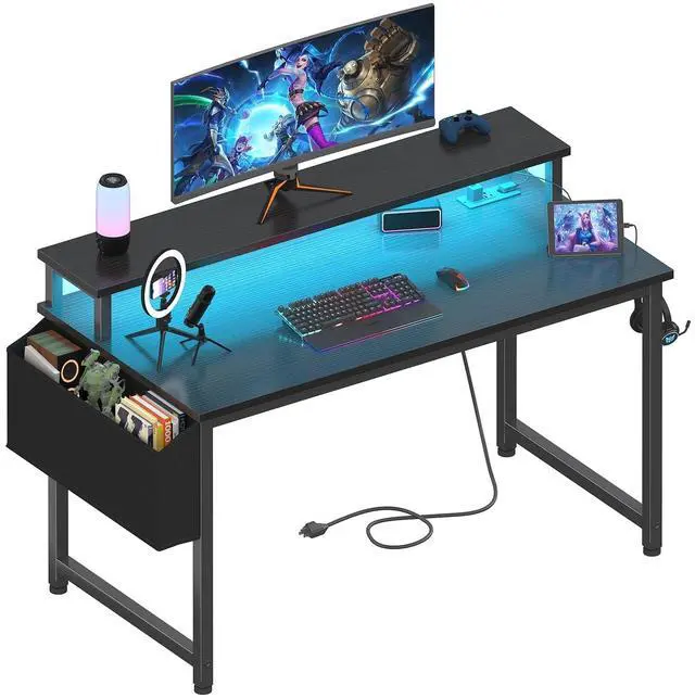 Main image of Black Gaming Desk with LED Lights and Power Outlets, 40 Inch Teen Writing Study Table Home Office Desks with Monitor Stand, Computer Desk with Charging Station USB Port, Black