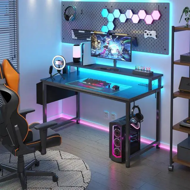 Alt view image 2 of 7 - Black Gaming Desk with LED Lights and Power Outlets, 40 Inch Teen Writing Study Table Home Office Desks with Monitor Stand, Computer Desk with Charging Station USB Port, Black