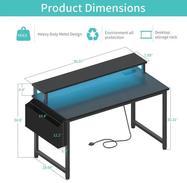 Alt view image 3 of 7 - Black Gaming Desk with LED Lights and Power Outlets, 40 Inch Teen Writing Study Table Home Office Desks with Monitor Stand, Computer Desk with Charging Station USB Port, Black