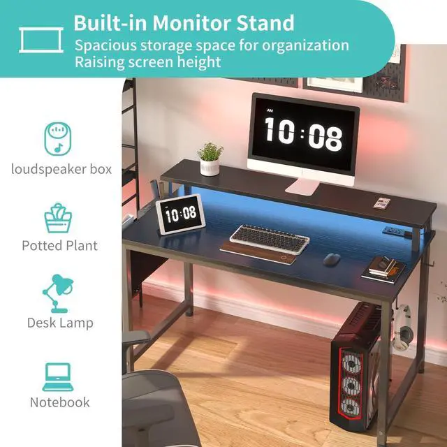 Alt view image 5 of 7 - Black Gaming Desk with LED Lights and Power Outlets, 40 Inch Teen Writing Study Table Home Office Desks with Monitor Stand, Computer Desk with Charging Station USB Port, Black