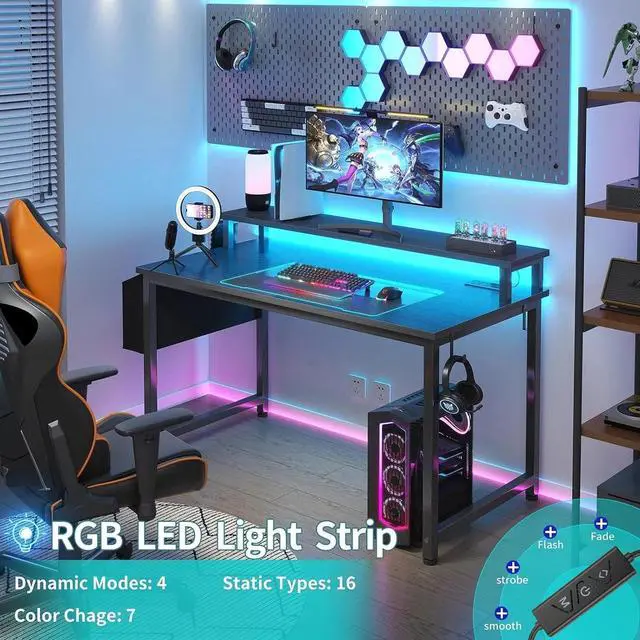 Alt view image 4 of 7 - Black Gaming Desk with LED Lights and Power Outlets, 40 Inch Teen Writing Study Table Home Office Desks with Monitor Stand, Computer Desk with Charging Station USB Port, Black