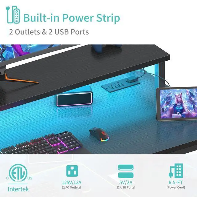 Alt view image 6 of 7 - Black Gaming Desk with LED Lights and Power Outlets, 40 Inch Teen Writing Study Table Home Office Desks with Monitor Stand, Computer Desk with Charging Station USB Port, Black