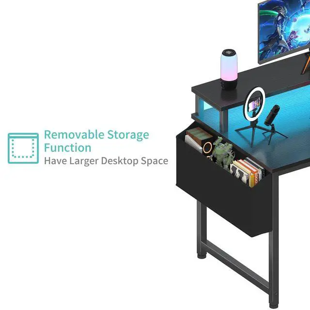 Alt view image 7 of 7 - Black Gaming Desk with LED Lights and Power Outlets, 40 Inch Teen Writing Study Table Home Office Desks with Monitor Stand, Computer Desk with Charging Station USB Port, Black