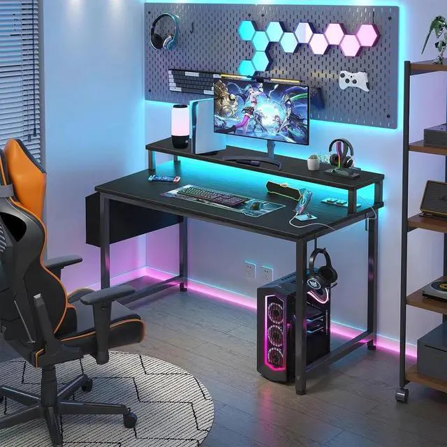 Alt view image 2 of 7 - Small Desk with Power Outlets and LED Lights, 32 Inch Teen Writing Study Table Home Office Computer Desks with Monitor Stand, Gaming Desk with Charging Station, Black