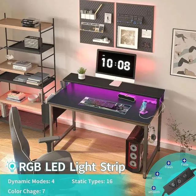 Alt view image 4 of 7 - Small Desk with Power Outlets and LED Lights, 32 Inch Teen Writing Study Table Home Office Computer Desks with Monitor Stand, Gaming Desk with Charging Station, Black