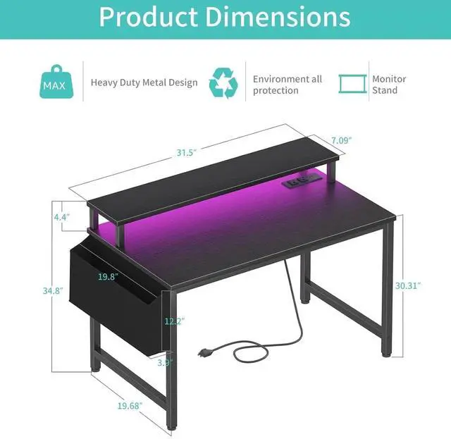 Alt view image 3 of 7 - Small Desk with Power Outlets and LED Lights, 32 Inch Teen Writing Study Table Home Office Computer Desks with Monitor Stand, Gaming Desk with Charging Station, Black