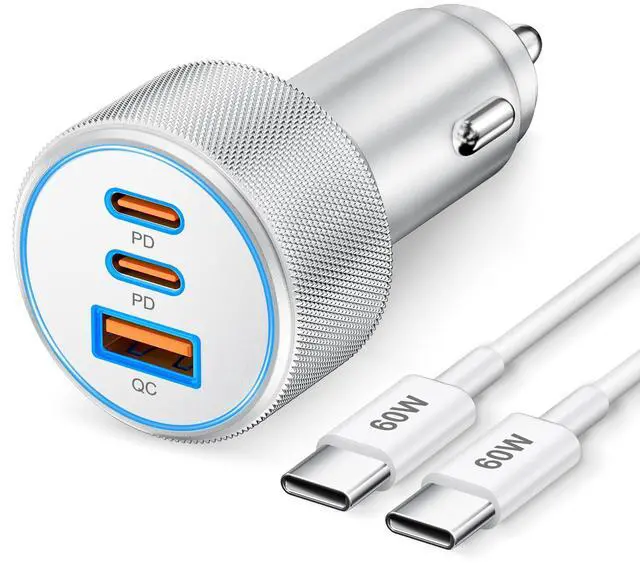 Main image of 67W 3-Port Super Fast Type C Car Charger USB C for iPhone 17/Air/16/16e/15 Pro Max, Samsung Galaxy S25 S24 S23, Pixel, Android, Car Adapter Accessories for Men Women + 3FT USB-C Cable Silver