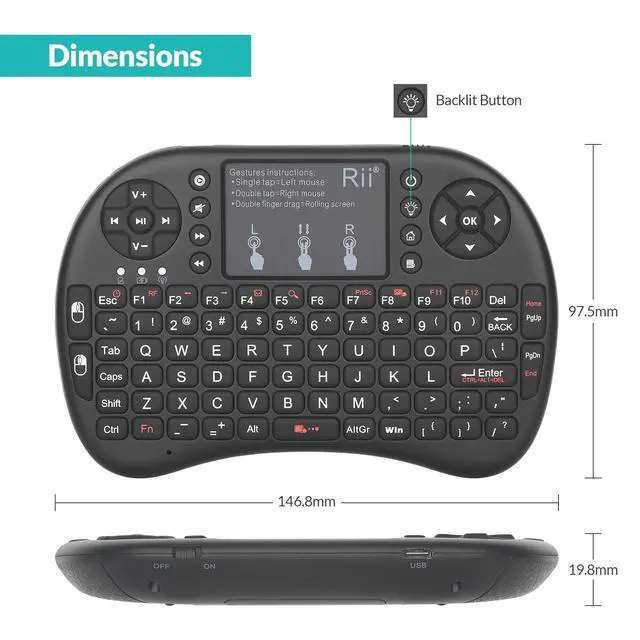 Alt view image 2 of 7 - 2.4GHz Mini Wireless Keyboard with TouchpadQWERTY Keyboard, Backlit Portable with Remote Control for Laptop/PC/Tablets/Windows/Mac/TV/Xbox/PS3/Raspberry Pi .(Black)