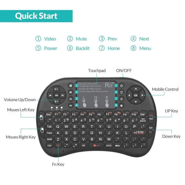 Alt view image 4 of 7 - 2.4GHz Mini Wireless Keyboard with TouchpadQWERTY Keyboard, Backlit Portable with Remote Control for Laptop/PC/Tablets/Windows/Mac/TV/Xbox/PS3/Raspberry Pi .(Black)