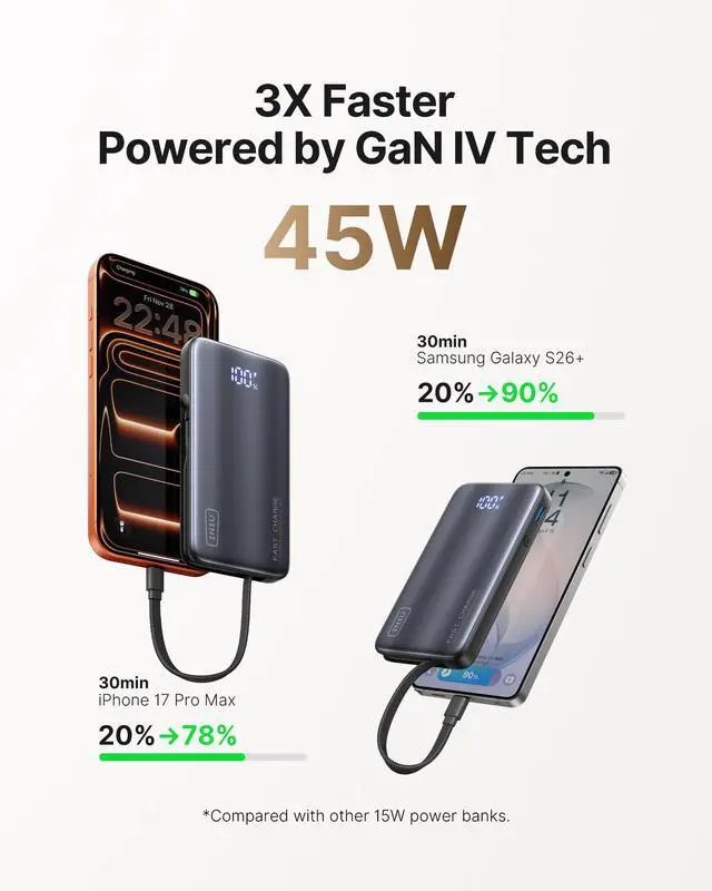 Alt view image 3 of 7 - Portable Charger, Ultra Small 45W Fast Charging Power Bank with Built-in AC Wall Plug, 10000mAh GaN 3-in-1 Battery Pack for Flight-Safe Travel, for iPhone 17 16, Samsung S26, iPad etc, Pink
