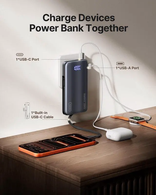 Alt view image 5 of 7 - Portable Charger, Ultra Small 45W Fast Charging Power Bank with Built-in AC Wall Plug, 10000mAh GaN 3-in-1 Battery Pack for Flight-Safe Travel, for iPhone 17 16, Samsung S26, iPad etc, Pink