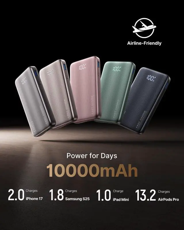 Alt view image 7 of 7 - Portable Charger, Ultra Small 45W Fast Charging Power Bank with Built-in AC Wall Plug, 10000mAh GaN 3-in-1 Battery Pack for Flight-Safe Travel, for iPhone 17 16, Samsung S26, iPad etc, Pink