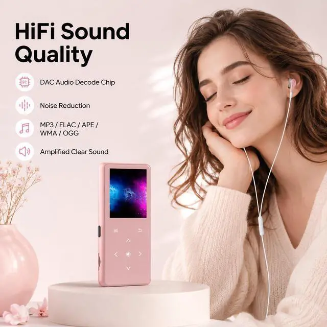 Alt view image 2 of 7 - 64GB MP3 Player with Bluetooth 5.2, AiMoonsa Music Player with Built-in HD Speaker, FM Radio, Voice Recorder, HiFi Sound, E-Book Function, Rose Gold