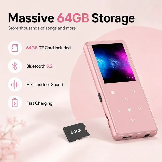 Alt view image 3 of 7 - 64GB MP3 Player with Bluetooth 5.2, AiMoonsa Music Player with Built-in HD Speaker, FM Radio, Voice Recorder, HiFi Sound, E-Book Function, Rose Gold