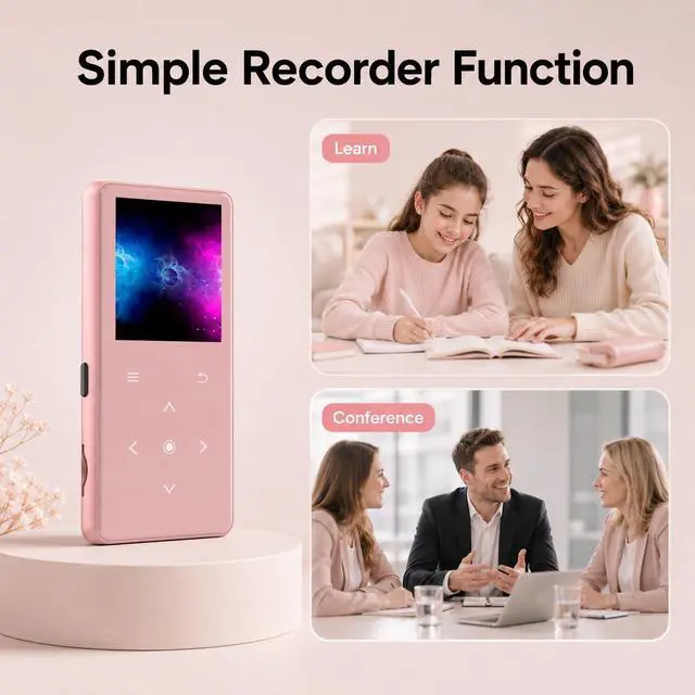 Alt view image 4 of 7 - 64GB MP3 Player with Bluetooth 5.2, AiMoonsa Music Player with Built-in HD Speaker, FM Radio, Voice Recorder, HiFi Sound, E-Book Function, Rose Gold