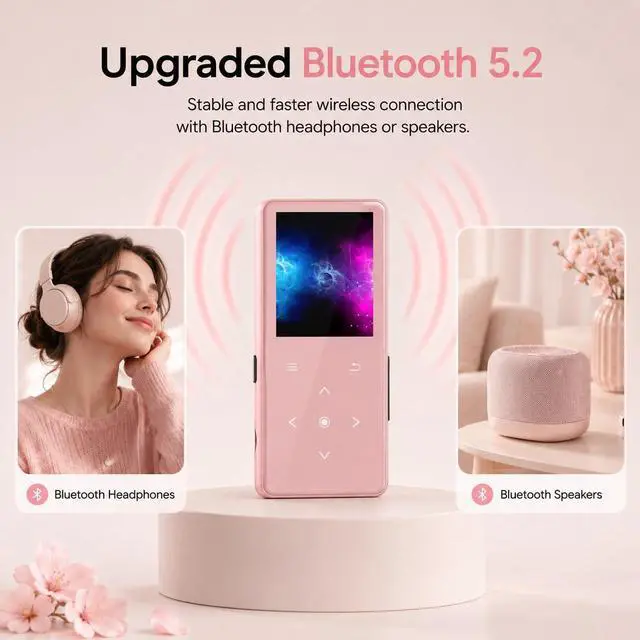 Alt view image 5 of 7 - 64GB MP3 Player with Bluetooth 5.2, AiMoonsa Music Player with Built-in HD Speaker, FM Radio, Voice Recorder, HiFi Sound, E-Book Function, Rose Gold