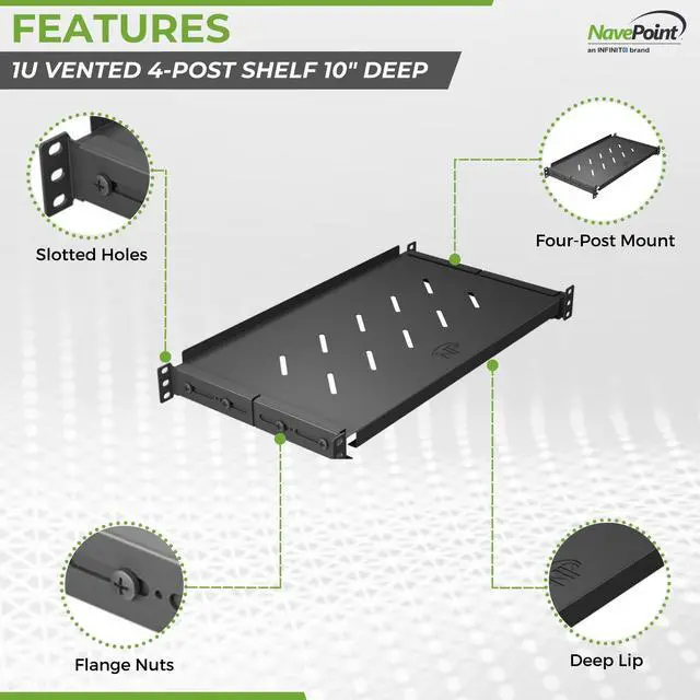 Alt view image 4 of 6 - Vented 4-Post Shelf, Adjustable, Black, 250 mm Depth, 1U, 242 lbs, Cold Rolled Steel