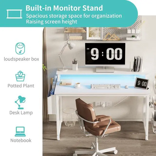 Alt view image 5 of 7 - White Computer Desk with LED Lights and Power Outlets, 40 Inch Home Office Desks with Monitor Stand, Teen Writing Study Table Gaming Desk with Charging Station, White