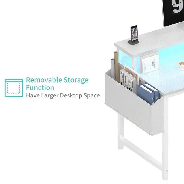 Alt view image 7 of 7 - White Computer Desk with LED Lights and Power Outlets, 40 Inch Home Office Desks with Monitor Stand, Teen Writing Study Table Gaming Desk with Charging Station, White