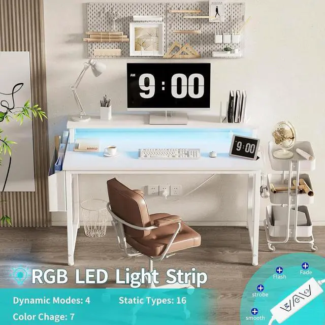 Alt view image 2 of 7 - White Computer Desk with LED Lights and Power Outlets, 40 Inch Home Office Desks with Monitor Stand, Teen Writing Study Table Gaming Desk with Charging Station, White