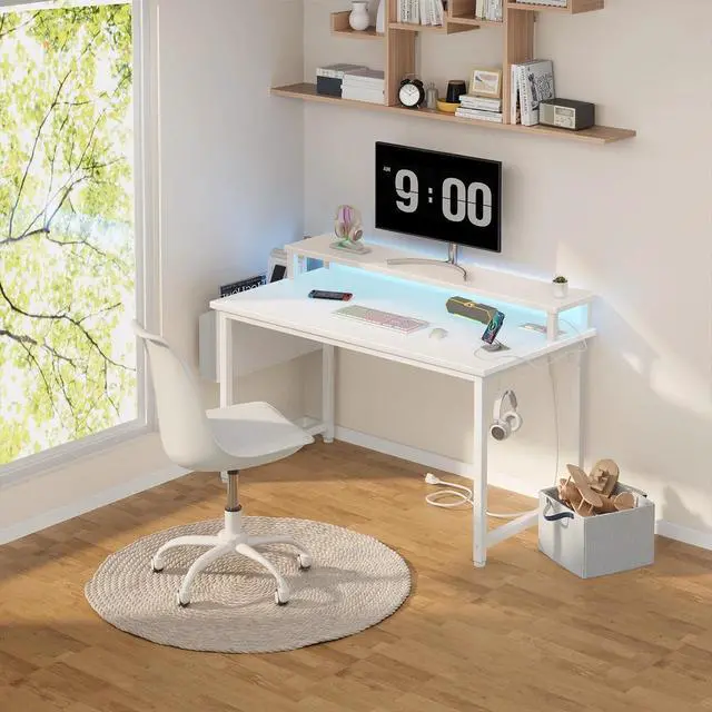 Alt view image 2 of 7 - Small White Desk with LED Lights and Power Outlets, 32 Inch Home Office Computer Desks with Monitor Stand, Teen Writing Study Table Gaming Desk with Charging Station, White