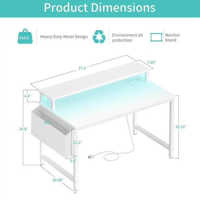 Alt view image 3 of 7 - Small White Desk with LED Lights and Power Outlets, 32 Inch Home Office Computer Desks with Monitor Stand, Teen Writing Study Table Gaming Desk with Charging Station, White