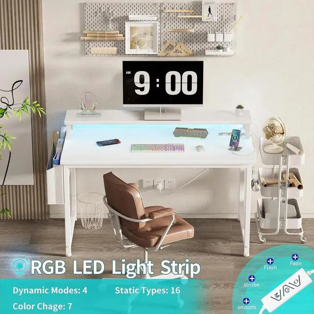 Alt view image 4 of 7 - Small White Desk with LED Lights and Power Outlets, 32 Inch Home Office Computer Desks with Monitor Stand, Teen Writing Study Table Gaming Desk with Charging Station, White