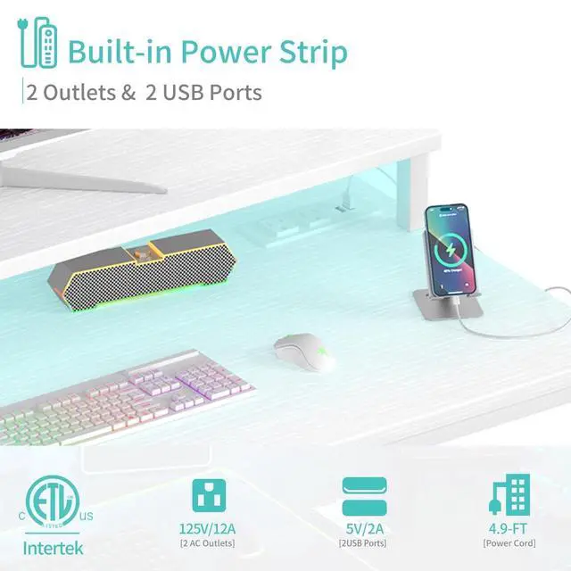 Alt view image 5 of 7 - Small White Desk with LED Lights and Power Outlets, 32 Inch Home Office Computer Desks with Monitor Stand, Teen Writing Study Table Gaming Desk with Charging Station, White