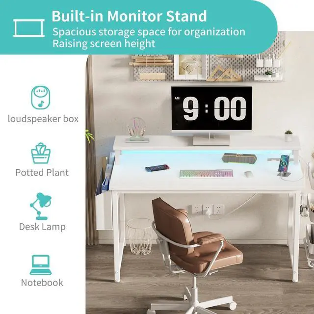 Alt view image 6 of 7 - Small White Desk with LED Lights and Power Outlets, 32 Inch Home Office Computer Desks with Monitor Stand, Teen Writing Study Table Gaming Desk with Charging Station, White