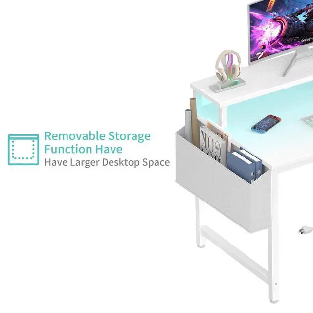 Alt view image 7 of 7 - Small White Desk with LED Lights and Power Outlets, 32 Inch Home Office Computer Desks with Monitor Stand, Teen Writing Study Table Gaming Desk with Charging Station, White