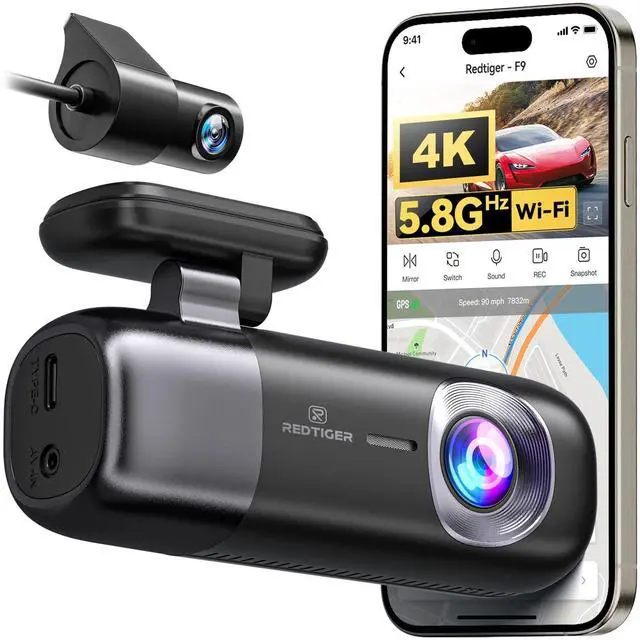 Main image of REDTIGER F9 Dash Cam 4K Front and Rear 1080P, 5.8GHz WiFi GPS Car Camera with APP Control, Dual Dash Camera for Cars, Loop Recording, WDR Night Vision, Parking Mode(SD Card Not Included)