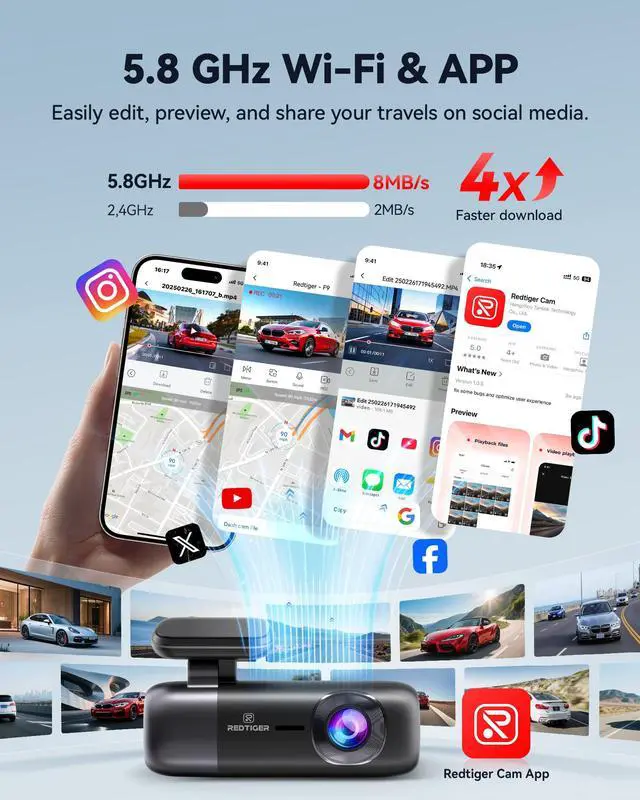 Alt view image 3 of 7 - REDTIGER F9 Dash Cam 4K Front and Rear 1080P, 5.8GHz WiFi GPS Car Camera with APP Control, Dual Dash Camera for Cars, Loop Recording, WDR Night Vision, Parking Mode(SD Card Not Included)